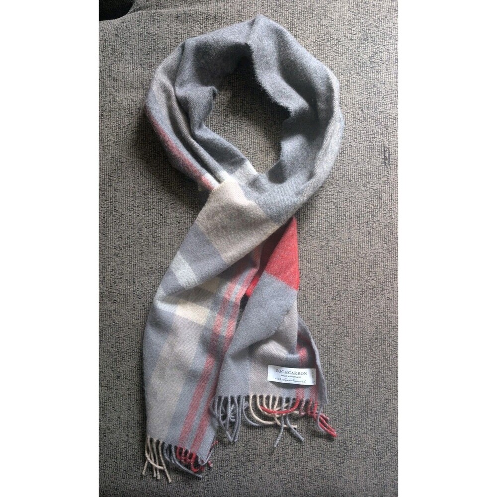 Lochcarron Of Scotland Fringed 100% Lambswool Tartan Plaid Scarf Grey Red